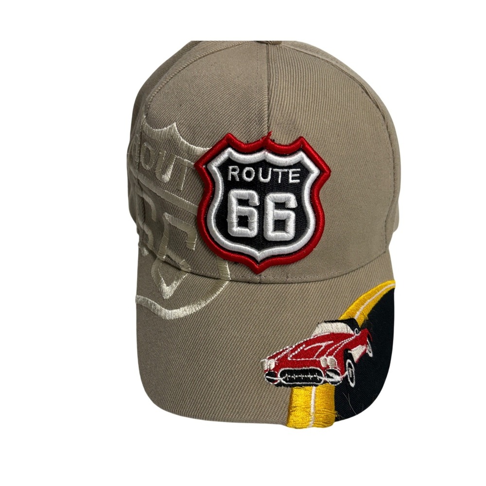 Route 66 Corvette Baseball Cap Tan Embroidered Sapulpa Oklahoma Heart of Rt 66